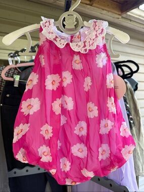 NWT Baby Beri Pink Infant girl Lined Lace-Collar Bubble Dress/Romper 9 mo
